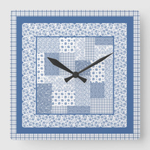 Carrée Nostalgique Indigo Faux Patchwork Carré Horloge mu