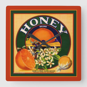 Carrée Oranges Étiquettes Vintages Oranges Carré Horloge 