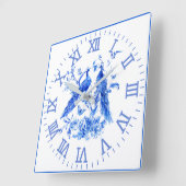 Carrée Peacocs Porcelain Bleu Mur Horloge (Angle)