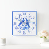 Carrée Peacocs Porcelain Bleu Mur Horloge (Maison)