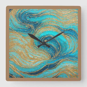 Carrée Peinture Abstraite pour Aqua Blues Mur Or Horloge