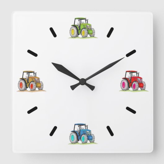 Carrée Petits Tracteurs, Horloge Mur Acrylique Blanche (Recto)