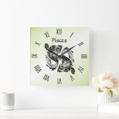Carrée Poissons Zodiac Horloge verte chiffres romains (Maison)