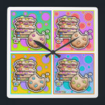 Carrée Pop Art Chocolate Chip COOKIES MUR HORLOGE<br><div class="desc">Un art contemporain, pop art inspiré, graphique avec une pile de Chip COOKIES au chocolat avec des puces de couleur arc-en-ciel contre un arrière - plan de pois colorés sur un MUR CLOCK amusant.</div>