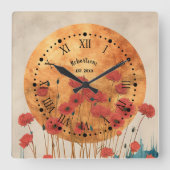 Carrée Poppies rouges Floral Rustique Monogramme Horloge  (Recto)