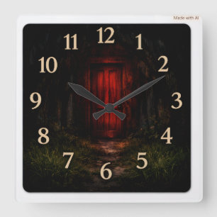 Carrée Porte Rouge Sang Forêt Horloge