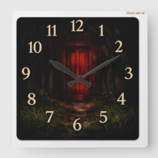 Carrée Porte Rouge Sang Forêt Horloge