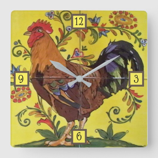 Carrée Rooster Rouge Poulet Jaune Folle Carrelage Horloge (Recto)