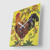 Carrée Rooster Rouge Poulet Jaune Folle Carrelage Horloge (Angle)