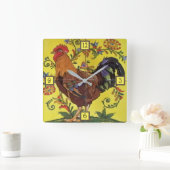 Carrée Rooster Rouge Poulet Jaune Folle Carrelage Horloge (Maison)