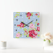 Carrée Roses Sur Mur Bleu Horloge (Maison)