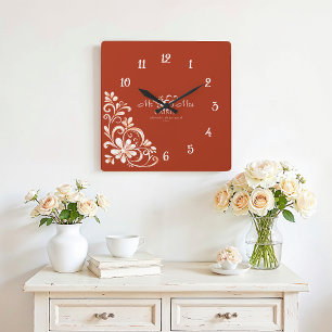 Carrée Rouille rouge romantique M & Mme Mariage Horloge m