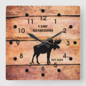 Carrée Rustique Moose Camp Plank Style Acrylique Horloge (Recto)