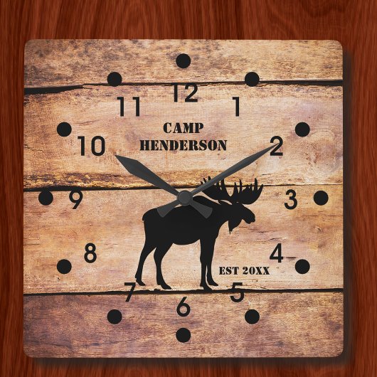 Carrée Rustique Moose Camp Plank Style Acrylique Horloge
