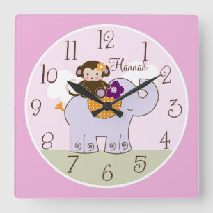 Carrée Singe Jacana personnalisé sur horloge bébé éléphan