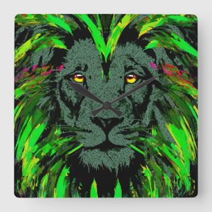 Carrée Tête de lion verte - Horloge de lion - Portrait de