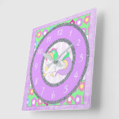 Carrée Unicorne Horloge avec des fleurs violettes et vert (Angle)