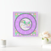 Carrée Unicorne Horloge avec des fleurs violettes et vert (Maison)