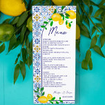 Carrelage bleu italien aquarelle citron menu maria<br><div class="desc">Notre motif en céramique bleue d'inspiration italienne-méditerranéenne, associé à des citrons d'aquarelle jaune peints à la main et joyeux, crée une cuisine mariage fraîche et moderne invitation qui ne manquera pas d'impressionner! Doté d'une arche moderne et d'un élégant script de brosse. Impressionnez vos invités avec ce design tendance et unique...</div>