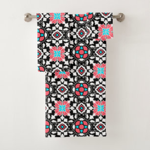 Carrelage marocain floral, noir, blanc et rose cor