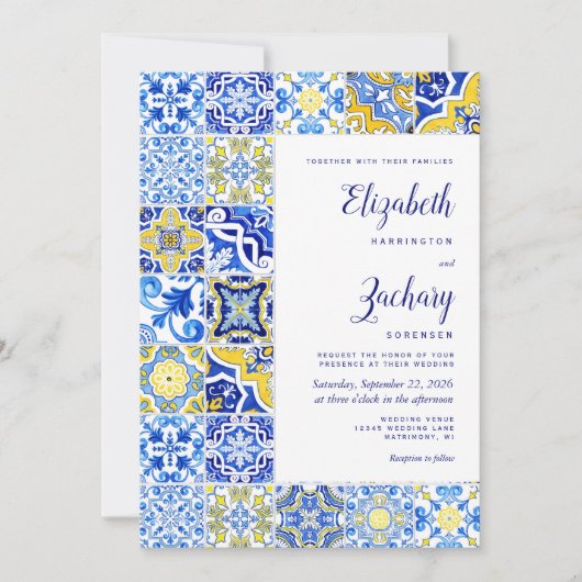 Carrelage rustique bleu Faire-part de mariage jaun (Devant)