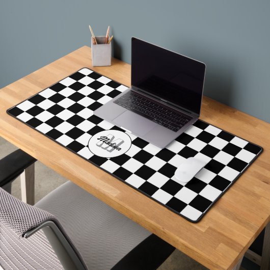 Carrés à damier Noir et Blanc monogramme rétro (Bureau 2)