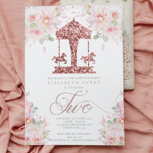 Carrousel Bloemen Glitter Tweede Verjaardag Kaart