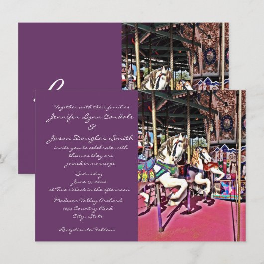 Carrousel Horse Paars Carnival Wedding Invitations Kaart (Voorkant / Achterkant)