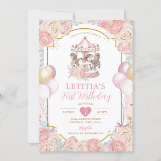 Carrousel magique rose et or Invitation d'annivers