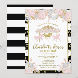 Carrousel roze en goud eerste verjaardag uitnodigi kaart