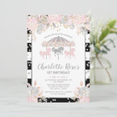 Carrousel roze Silver First Birthday Invitation Kaart (Staand voorkant)