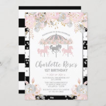 Carrousel roze Silver First Birthday Invitation
