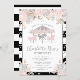 Carrousel roze Silver First Birthday Invitation Kaart