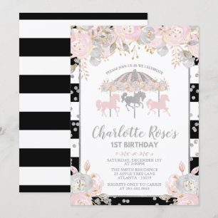Carrousel roze Silver First Birthday Invitation Kaart