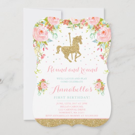 Carrousel Verjaardag Uitnodiging Bloemen Roze Munt (Voorkant)