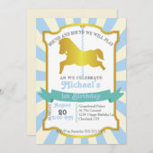 Carrousel verjaardagsfeestje uitnodiging (blauw) (Voorkant / Achterkant)