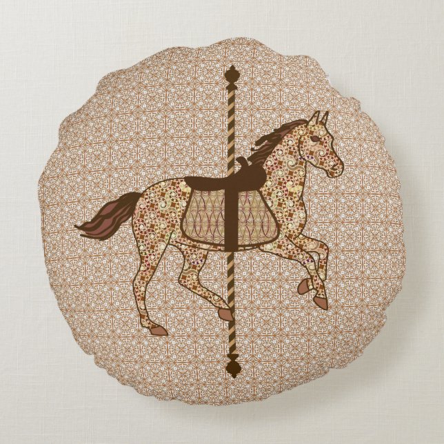 Carrouselpaarden - Chocolate Brown en Tan Rond Kussen (Achterkant)