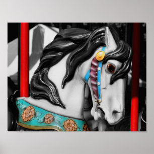 Carrouselpaardenzwart en witte gedeeltelijke kleur poster