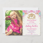 Carrouselroze gouden blauwgroen fotoverjaardagsuit kaart (Voorkant)