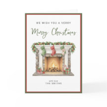 Cartão Feliz natal lareira aquarela