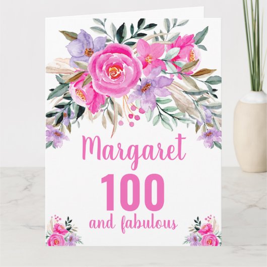 Carte 100e anniversaire aquarelle rose florale (Devant)