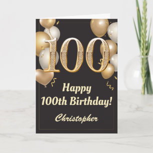 Carte 100e anniversaire Ballons Noir et Or Confetti