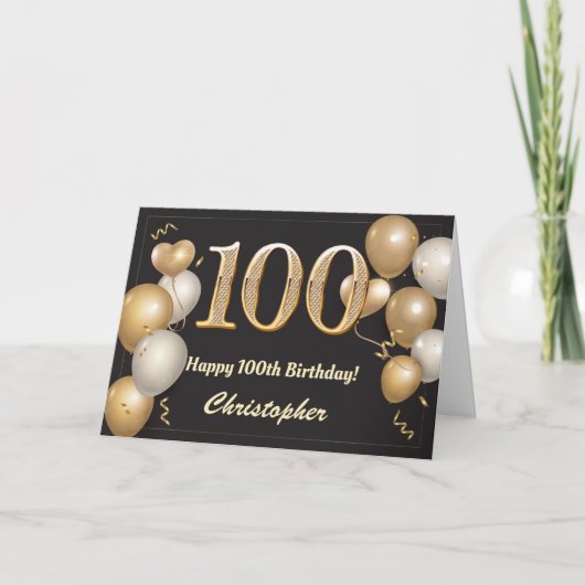 Carte 100e anniversaire Ballons noirs et or Anniversaire (Devant)