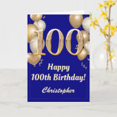 Carte 100e anniversaire Marine Blue Gold Balloons Confet (Fleur jaune)