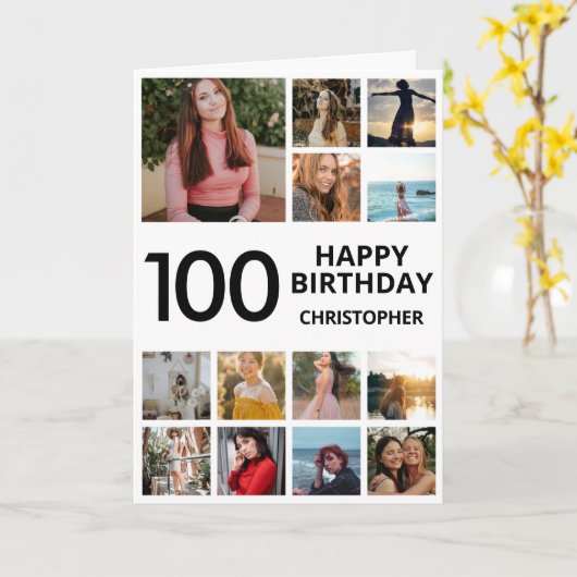 Carte 100e anniversaire Photo Collage 13 Photos Noir Bla (Fleur jaune)