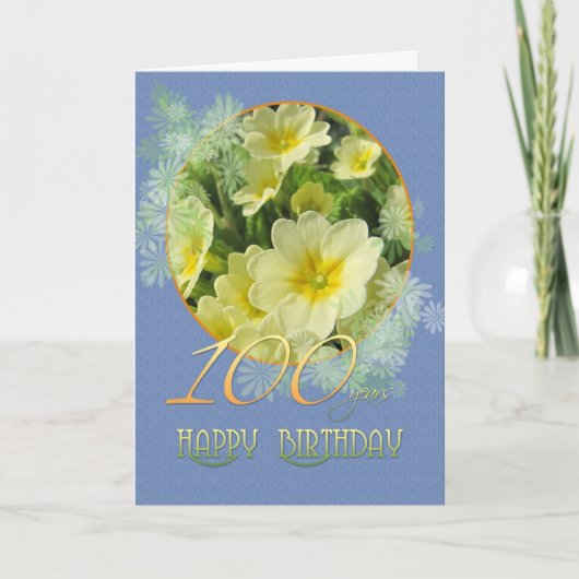 Carte 100e anniversaire Primroses et bleu (Devant)