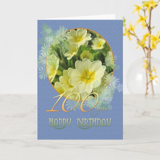Carte 100e anniversaire Primroses et bleu (Fleur jaune)