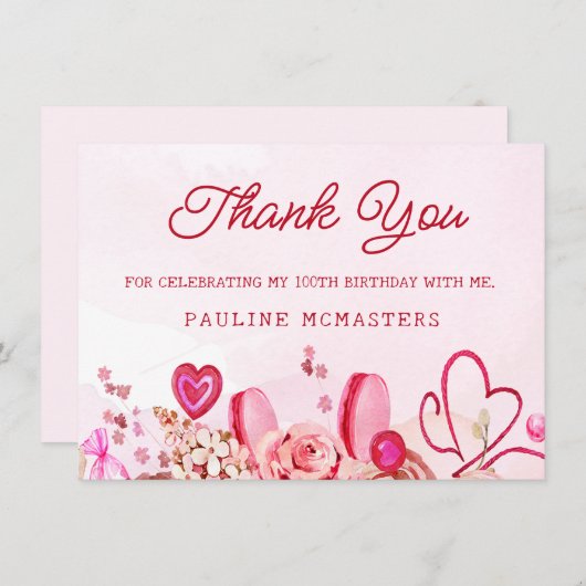 Carte 100e anniversaire rose rose Tourbillonnant Merci d (Devant / Derrière)