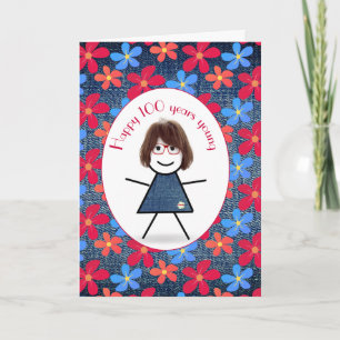 Carte 100e Anniversaire Stick Girl and Daisies On Denim