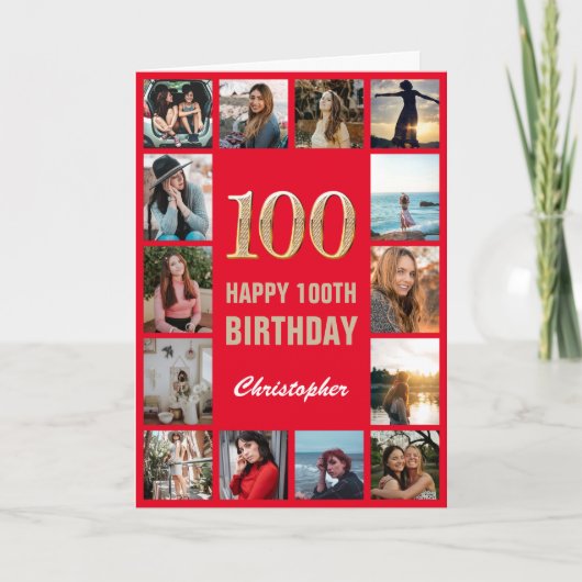 Carte 100e Joyeux Anniversaire Rouge et or Collage photo (Devant)